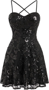 Black Spaghetti Straps Sequins A-line Homecoming Dress